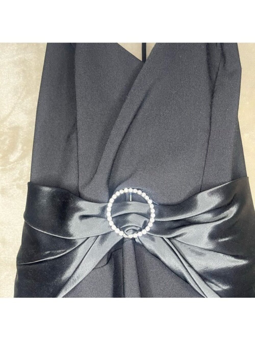 B. Darlin Black Halter Vintage Y2K Tie Back Satin Evening Dress Rhinestone Vneck - Picture 12 of 16